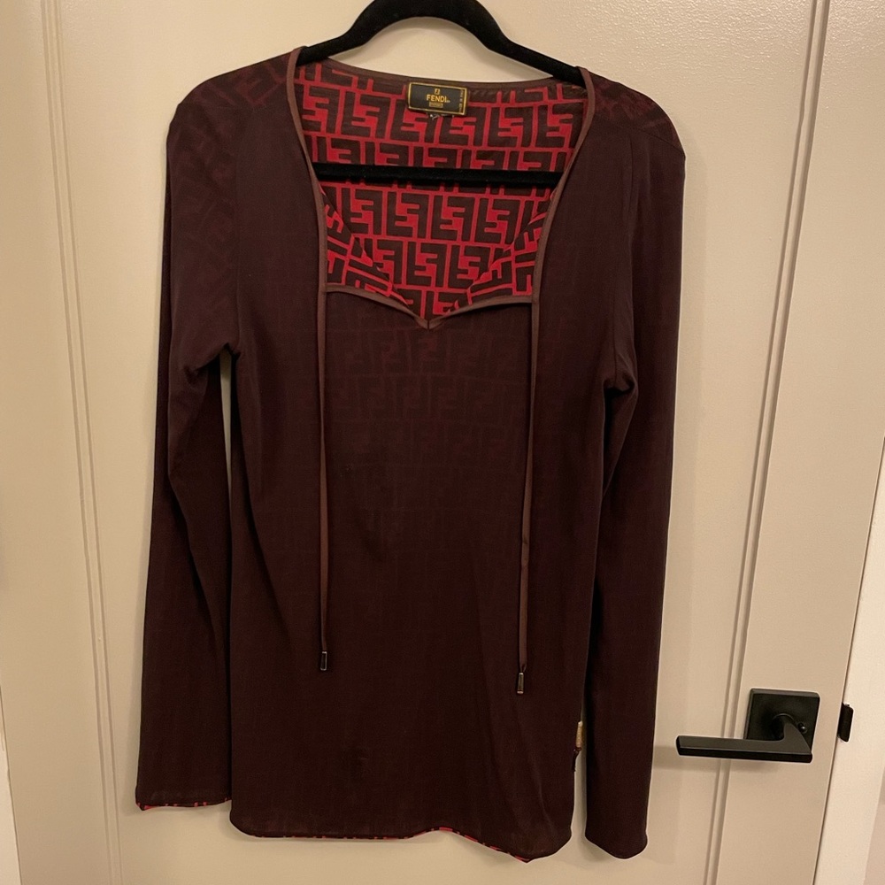 Fendi Maglia Dark Brown Red Logo Long Sleeve